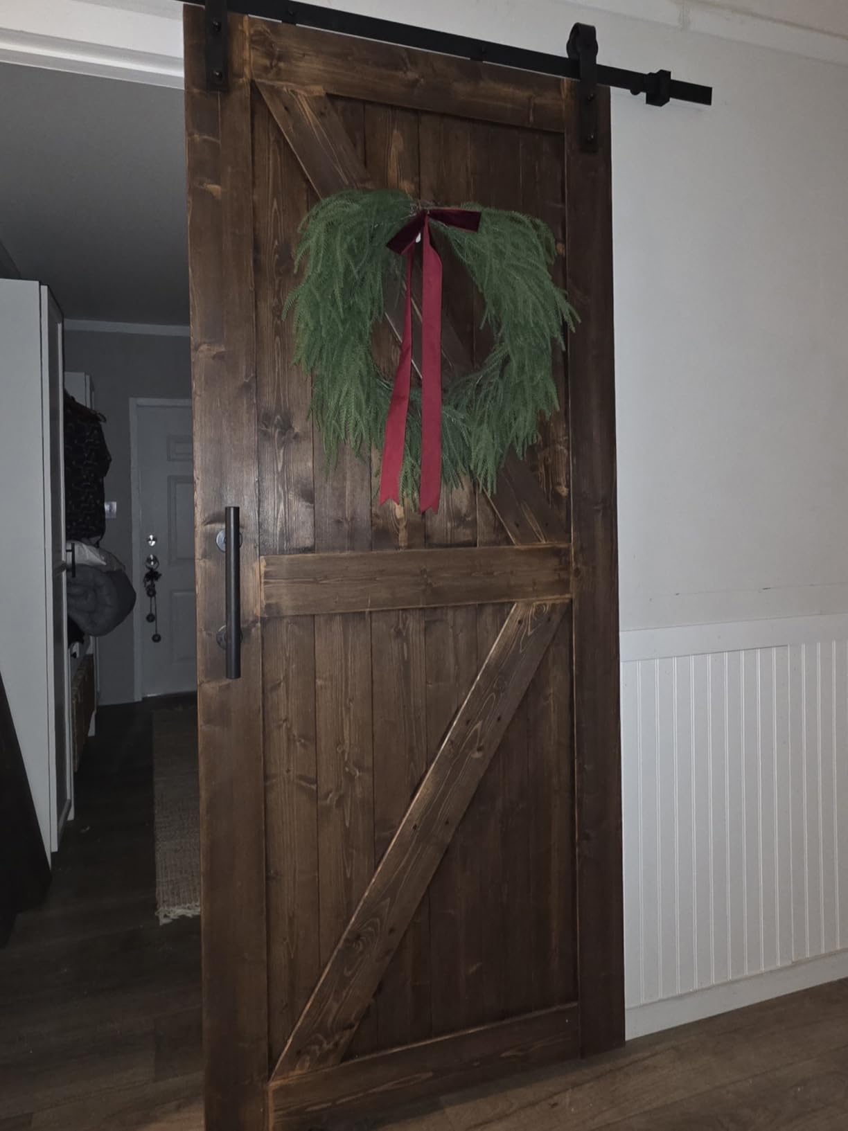 S&Z TOPHAND® 36in x 84in Unfinished British Brace Knotty Barn Door with Sliding Hardware Kit/Solid Wood/Sliding Door/Double Surfaces/A Simple Assembly is Required customer photo 2