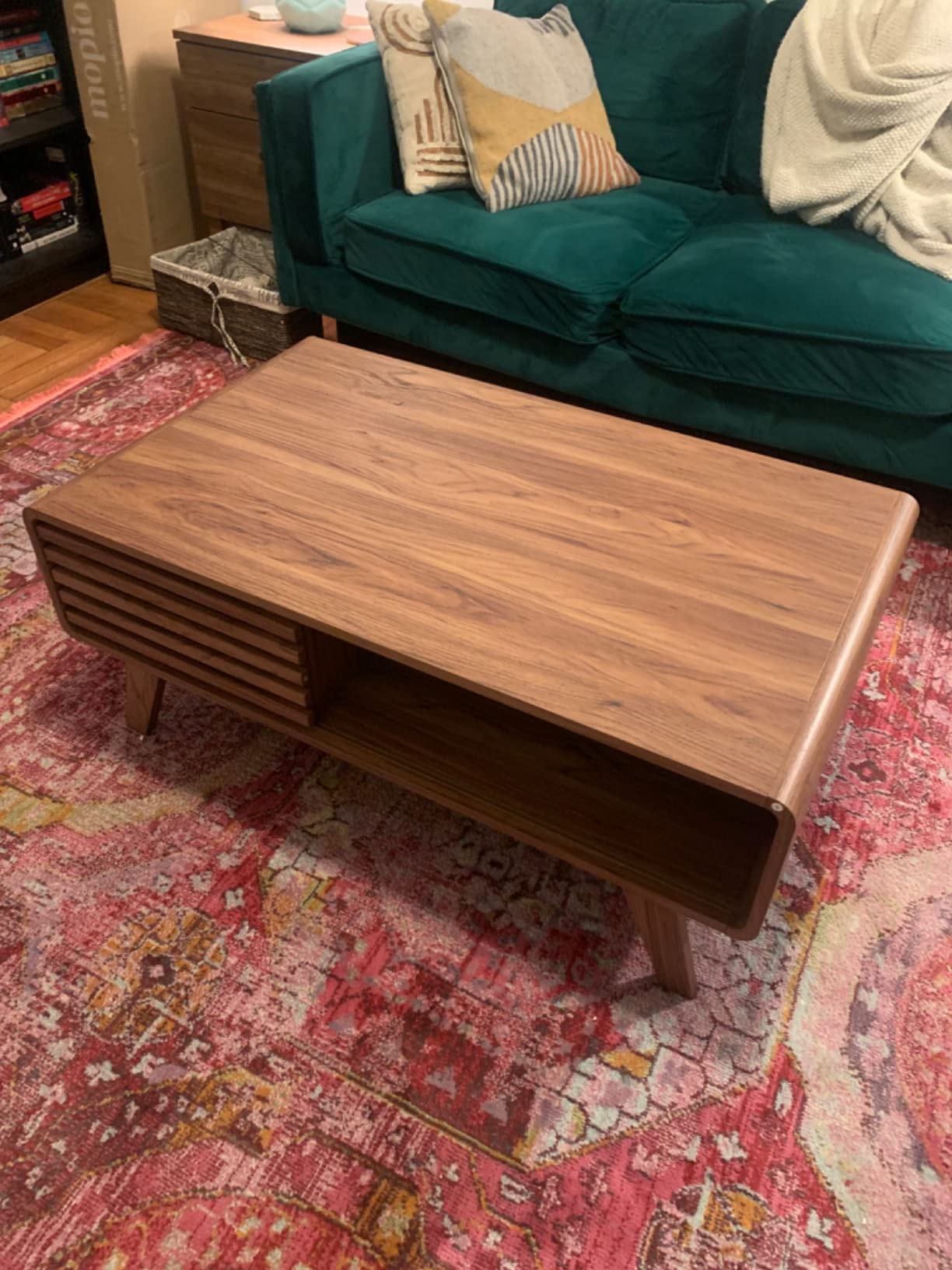 mopio Ensley Dual-Side Storage Coffee Table – Mid Century Modern Fluted Wood Table with 4 Compartments for Living Room Organization, Curved Safety Edges, Tapered Legs (Walnut, 39.2