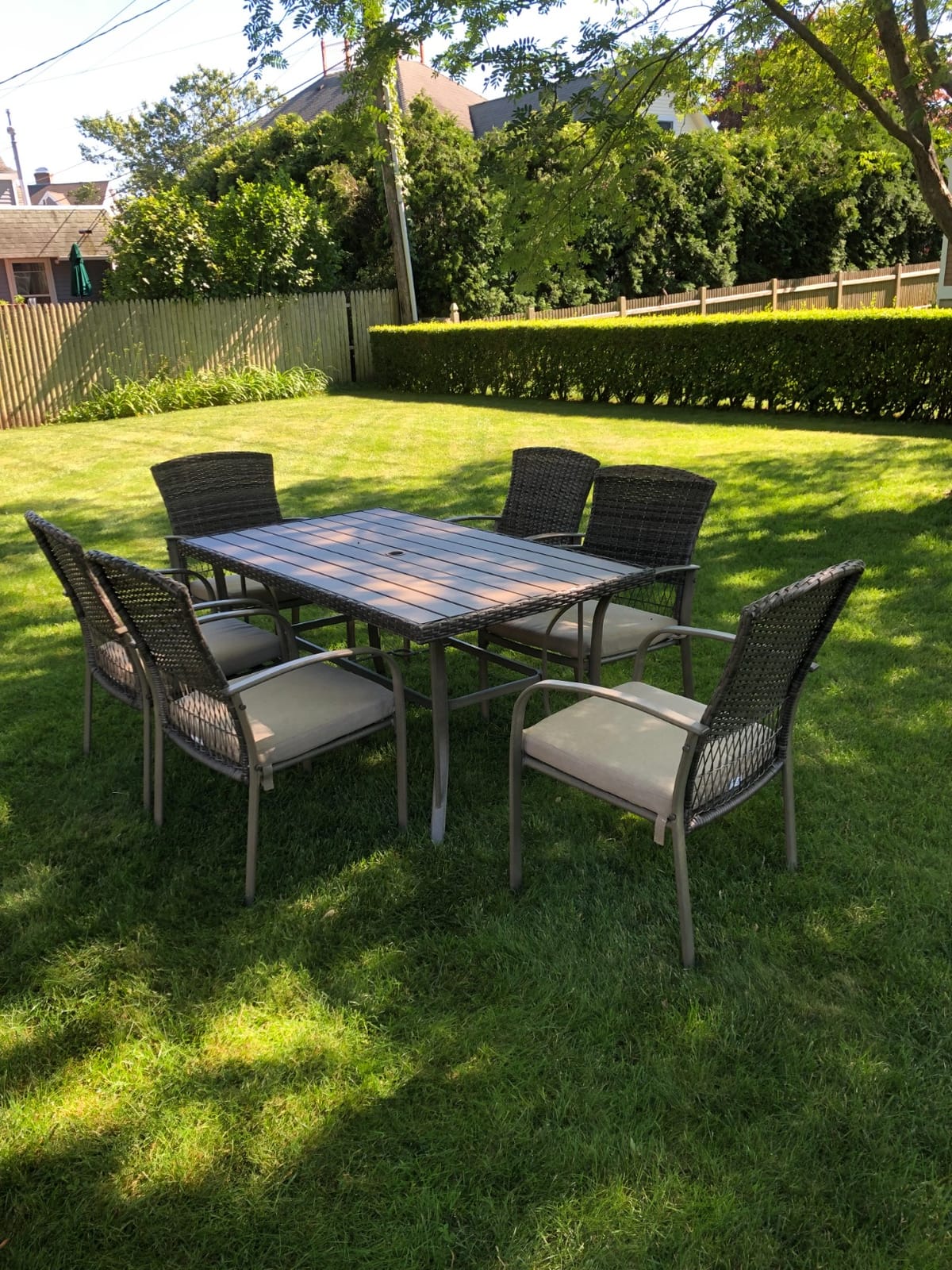 Pamapic 8504 Patio Dining 7 Piece, Outdoor Wicker Furniture Set for Backyard Garden Deck Poolside/Iron Slats Table Top, Removable Cushions, 7 Pack, Beige customer photo 2