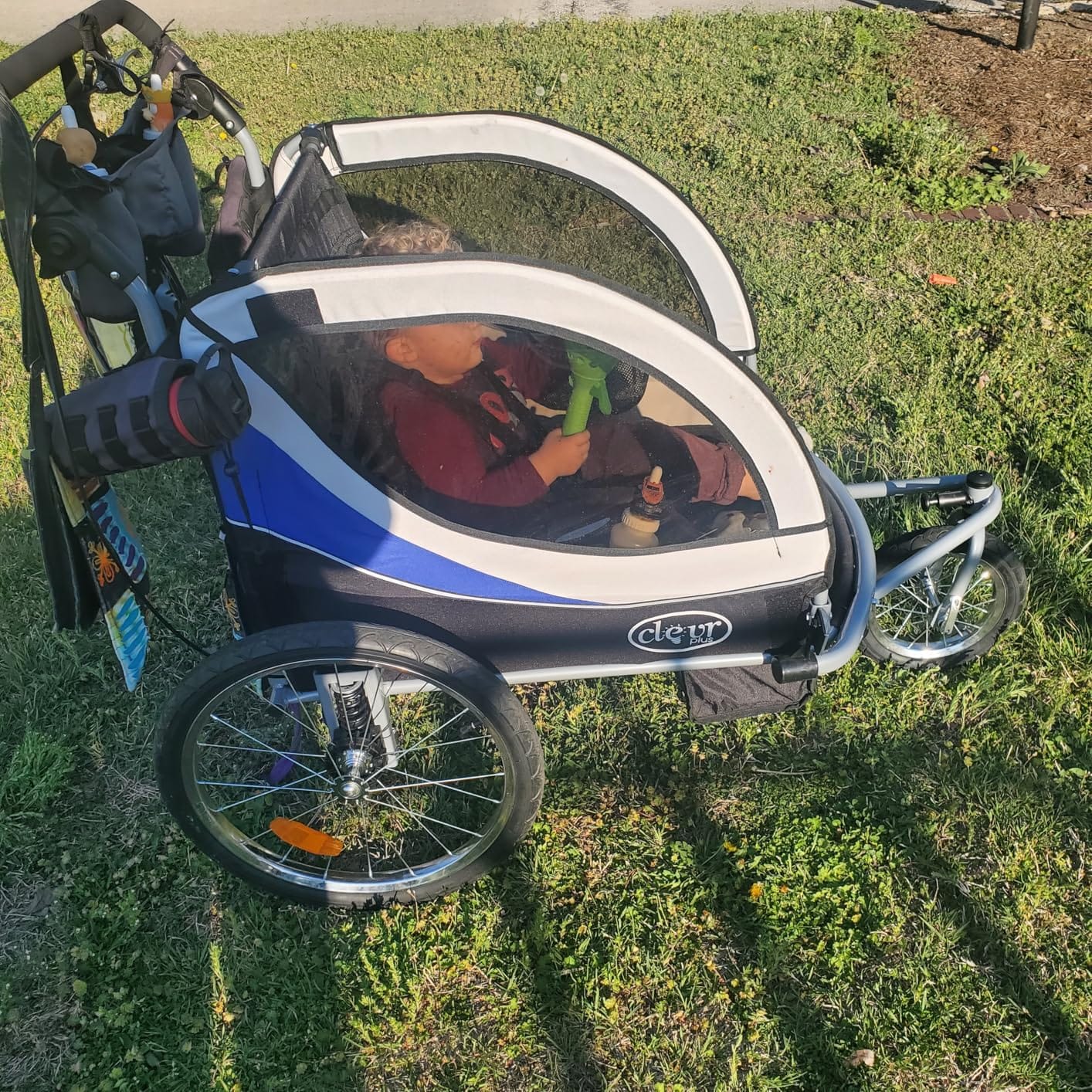 ClevrPlus Deluxe 3-in-1 Double 2 Seat Bicycle Bike Trailer Jogger Stroller for Kids Children | Foldable Collapsible w/Pivot Front Wheel customer photo 2