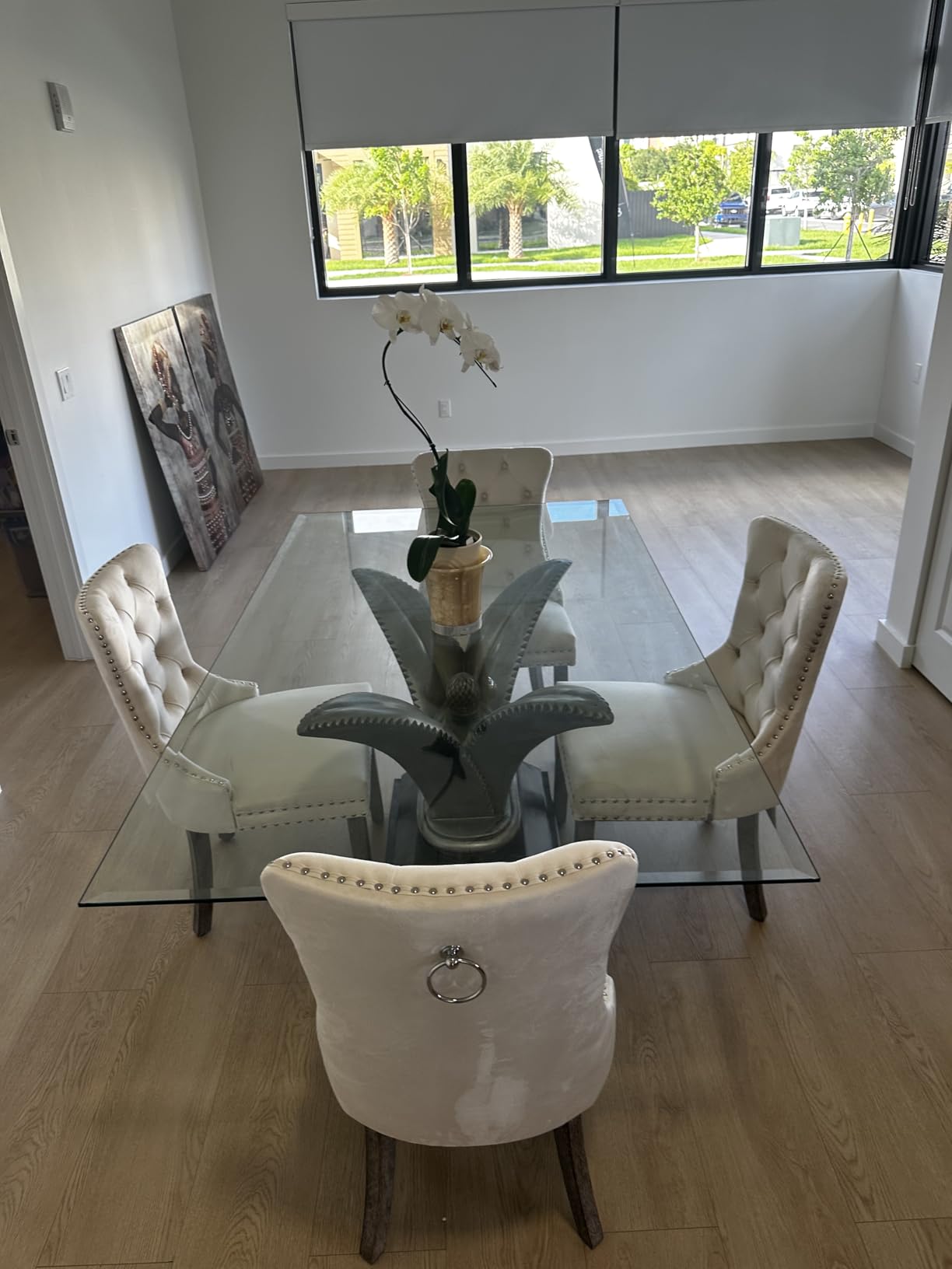 KCC Velvet Dining Chairs Set of 2, Upholstered High-end Tufted Dining Room Chair with Nailhead Back Ring Pull Trim Solid Wood Legs, Nikki Collection Modern Style for Kitchen, Beige customer photo 1