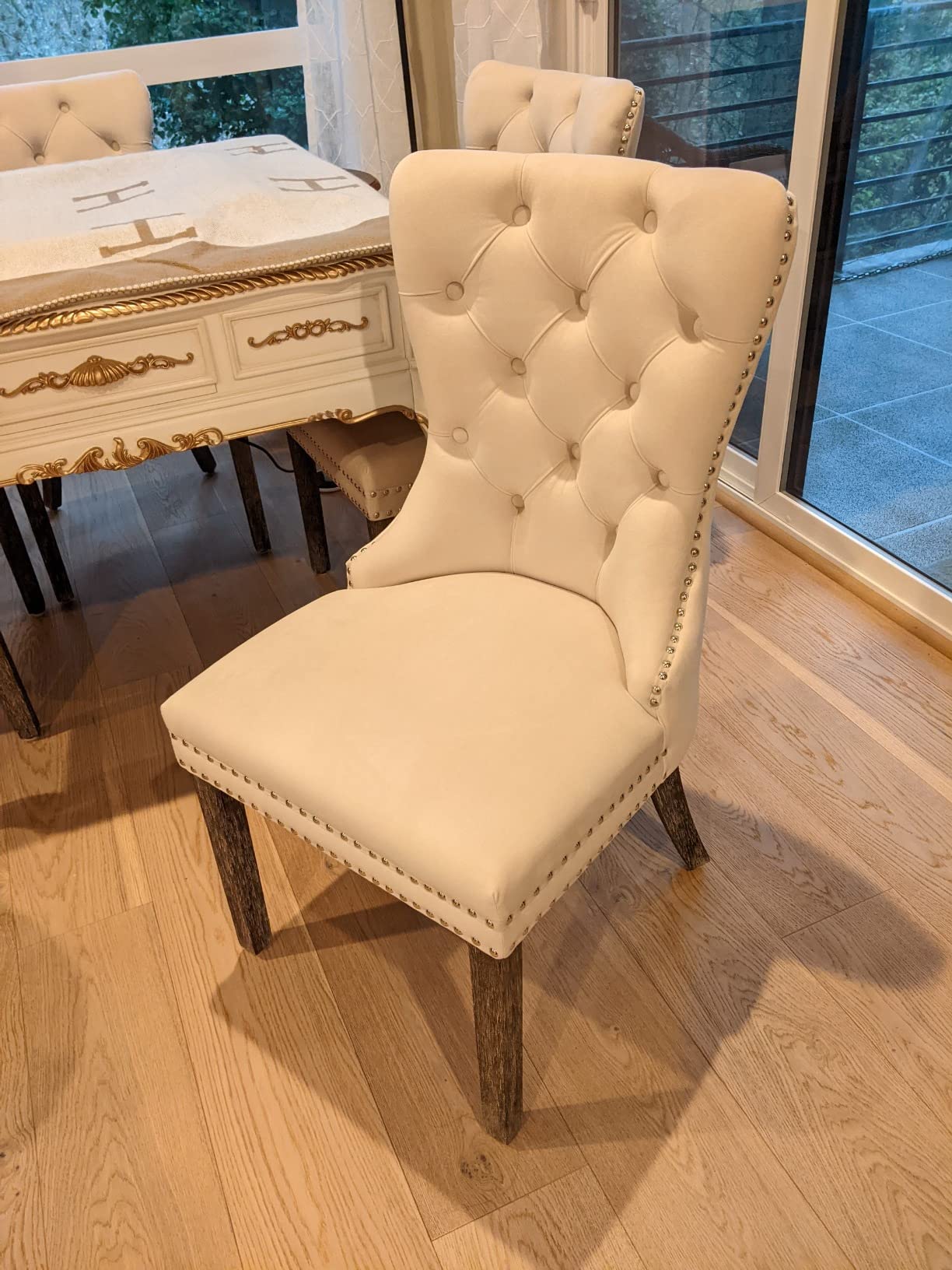 KCC Velvet Dining Chairs Set of 2, Upholstered High-end Tufted Dining Room Chair with Nailhead Back Ring Pull Trim Solid Wood Legs, Nikki Collection Modern Style for Kitchen, Beige customer photo 2
