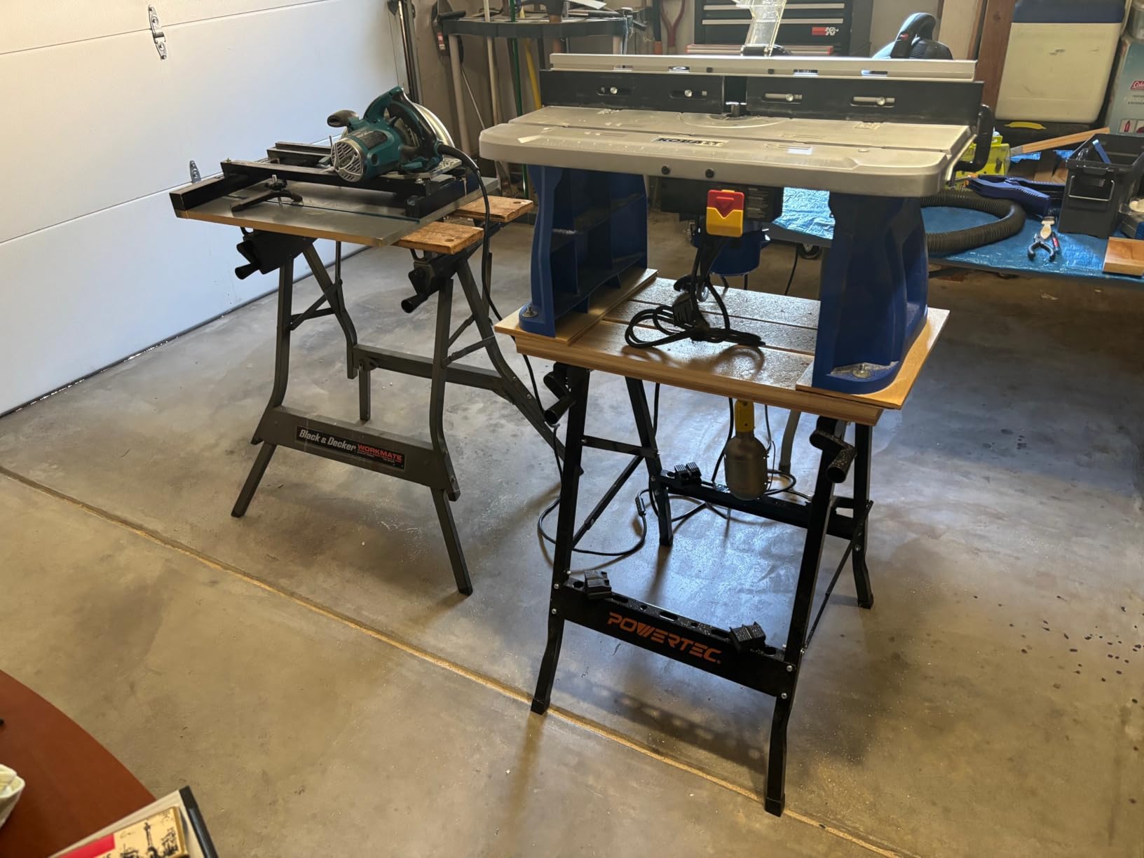 POWERTEC Portable Small Workbench with Vise, Imprinted Ruler and Protractor Scale, Folding Sawhorse/Worktable and 4 Bench Dogs for Woodworking Projects (MT4006V) customer photo 1