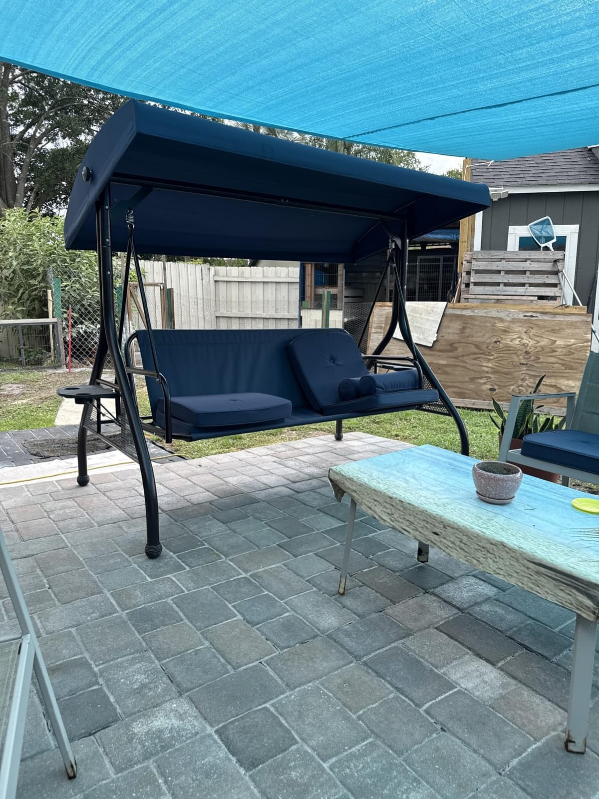 HOMREST 3 Seat Porch Swing with Adjustable Canopy, Patio Swing with Stand customer photo 2