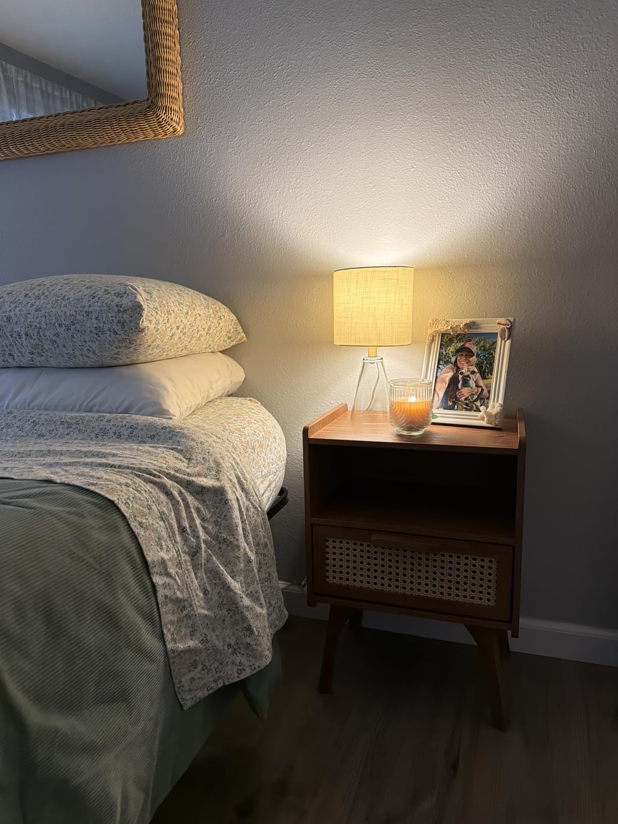 Lerliuo Rattan Nightstand, Boho Side Table with Drawer Open Shelf | Cane Accent Bedside End Table with Solid Wood Legs for Bedroom, Dorm and Small Spaces (Natural) customer photo 2