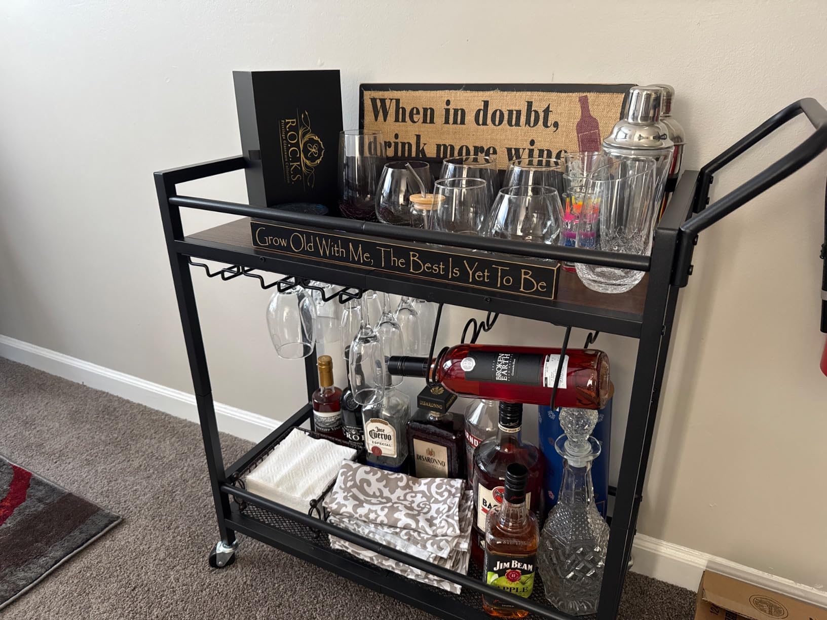 LAATOOREE Bar Cart, Two-Color Home Bar Serving Cart, Mobile Drink Beverage Cart with 2 Storage Shelves, Rolling Kitchen Cart with Wine and Glass Holder, for Dinning Room, Living Room, Kitchen customer photo 1