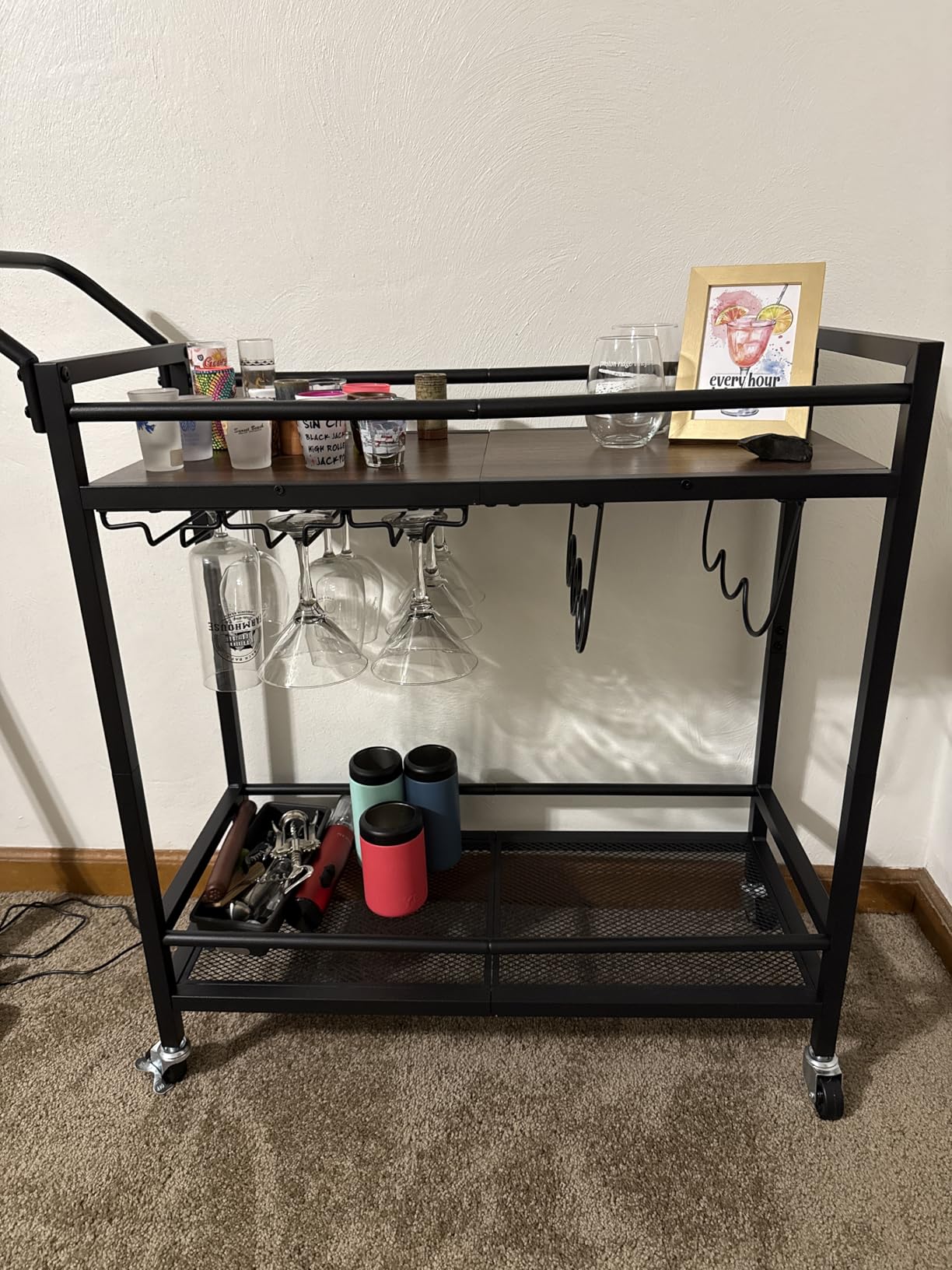 LAATOOREE Bar Cart, Two-Color Home Bar Serving Cart, Mobile Drink Beverage Cart with 2 Storage Shelves, Rolling Kitchen Cart with Wine and Glass Holder, for Dinning Room, Living Room, Kitchen customer photo 2