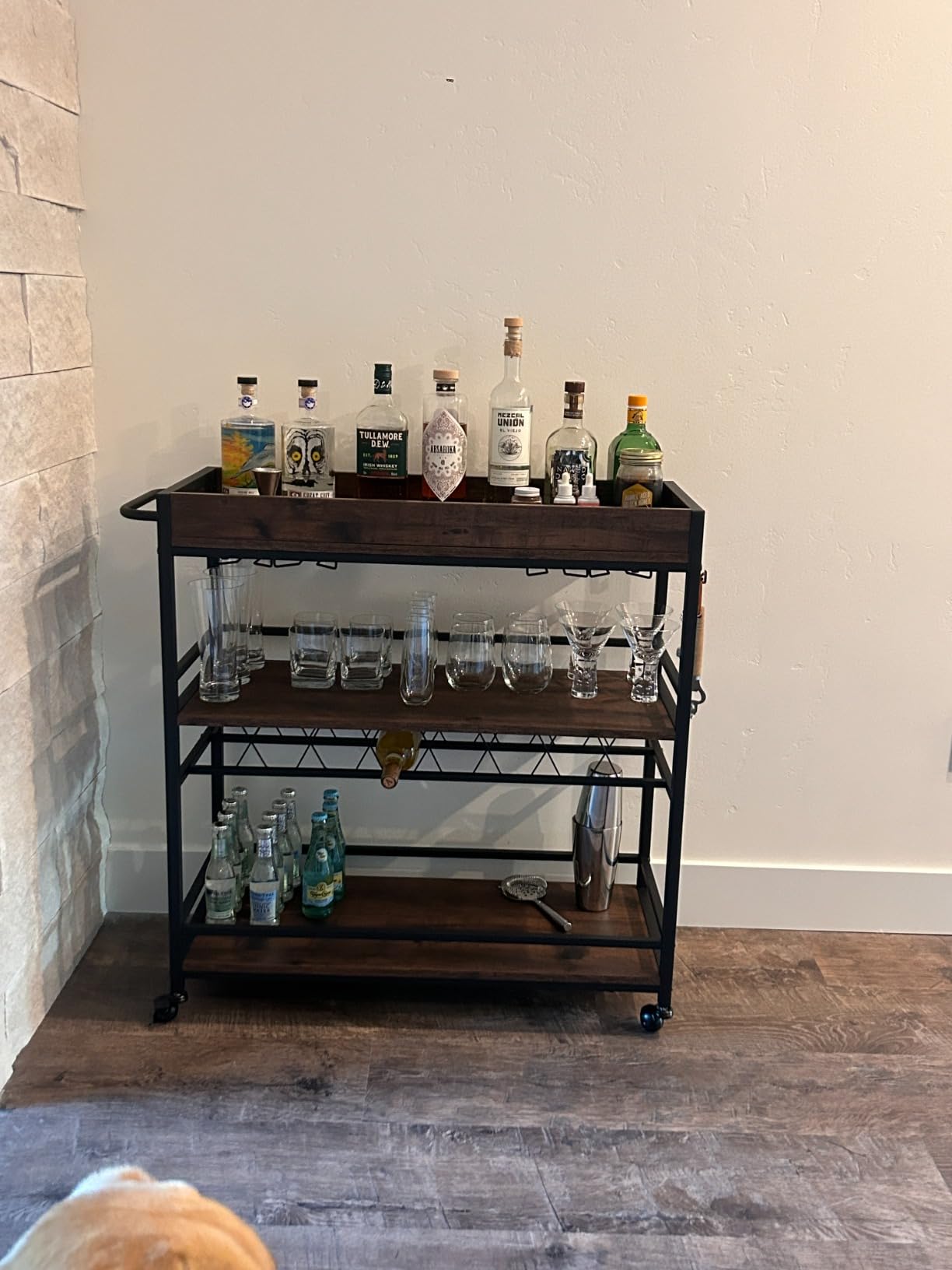 BON AUGURE Bar Cart for The Home, Rolling Home Bar Serving Cart on Wheels, 3 Tier Liquor Beverage Carts with Wine Rack and Glass Holder (Rustic Oak) customer photo 1