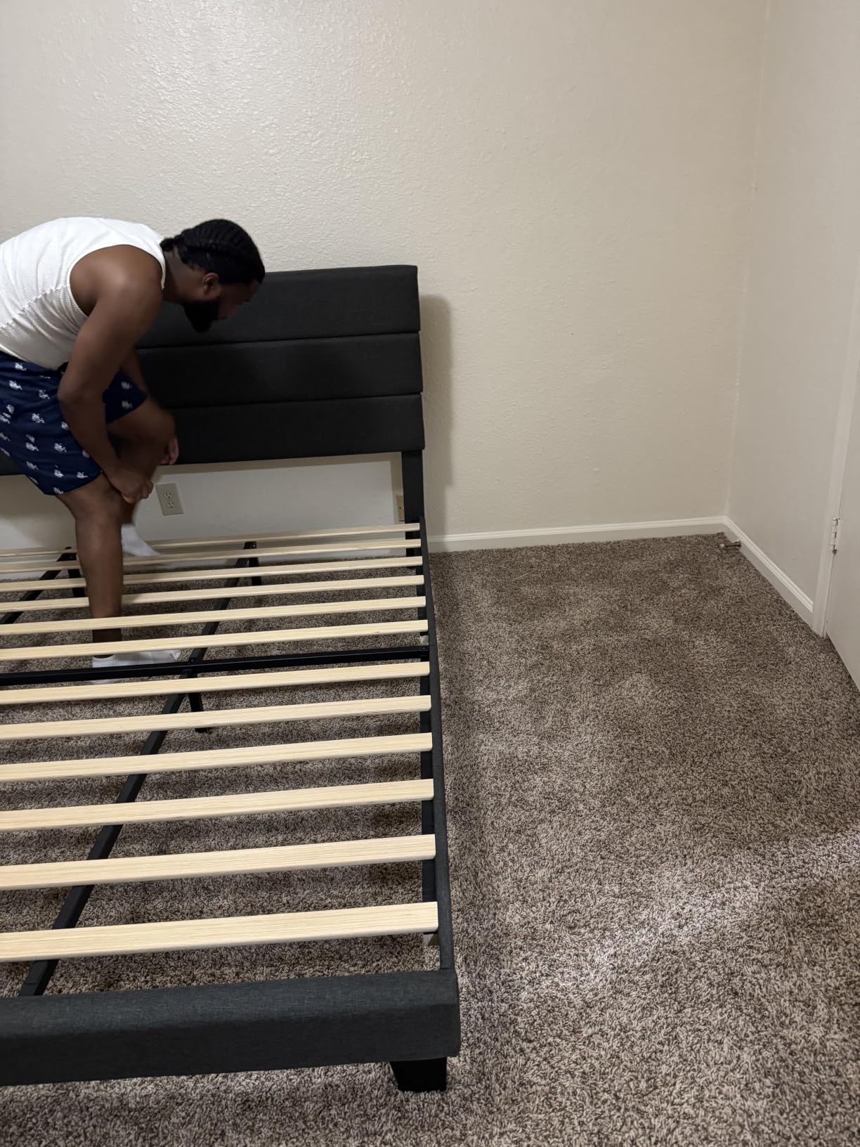 Allewie King Size Platform Bed Frame with Fabric Upholstered Headboard and Wooden Slats Support, Fully Upholstered Mattress Foundation/No Box Spring Needed/Easy Assembly, Beige customer photo 1