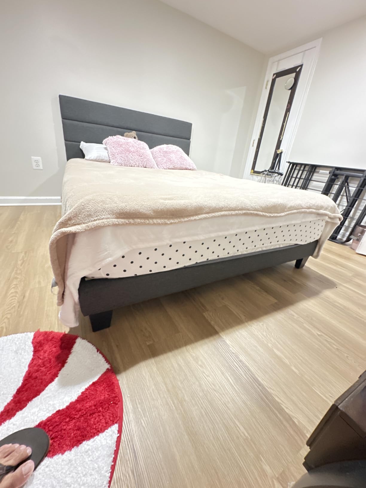 Allewie King Size Platform Bed Frame with Fabric Upholstered Headboard and Wooden Slats Support, Fully Upholstered Mattress Foundation/No Box Spring Needed/Easy Assembly, Beige customer photo 2