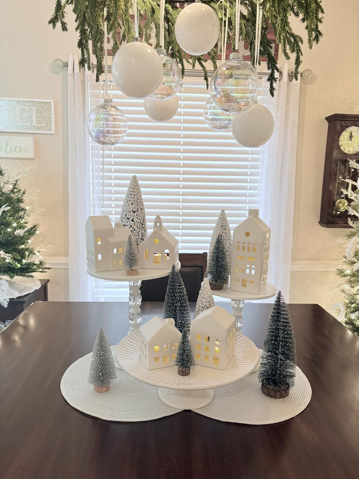 Christmas Decorations - Christmas Village Sets of 5 Lighted Ceramic Houses with Remote Control & 9 Trees - Indoor White Xmas Holiday Rustic Unique Decor for Home Table Room Farmhouse Decoration customer photo 1