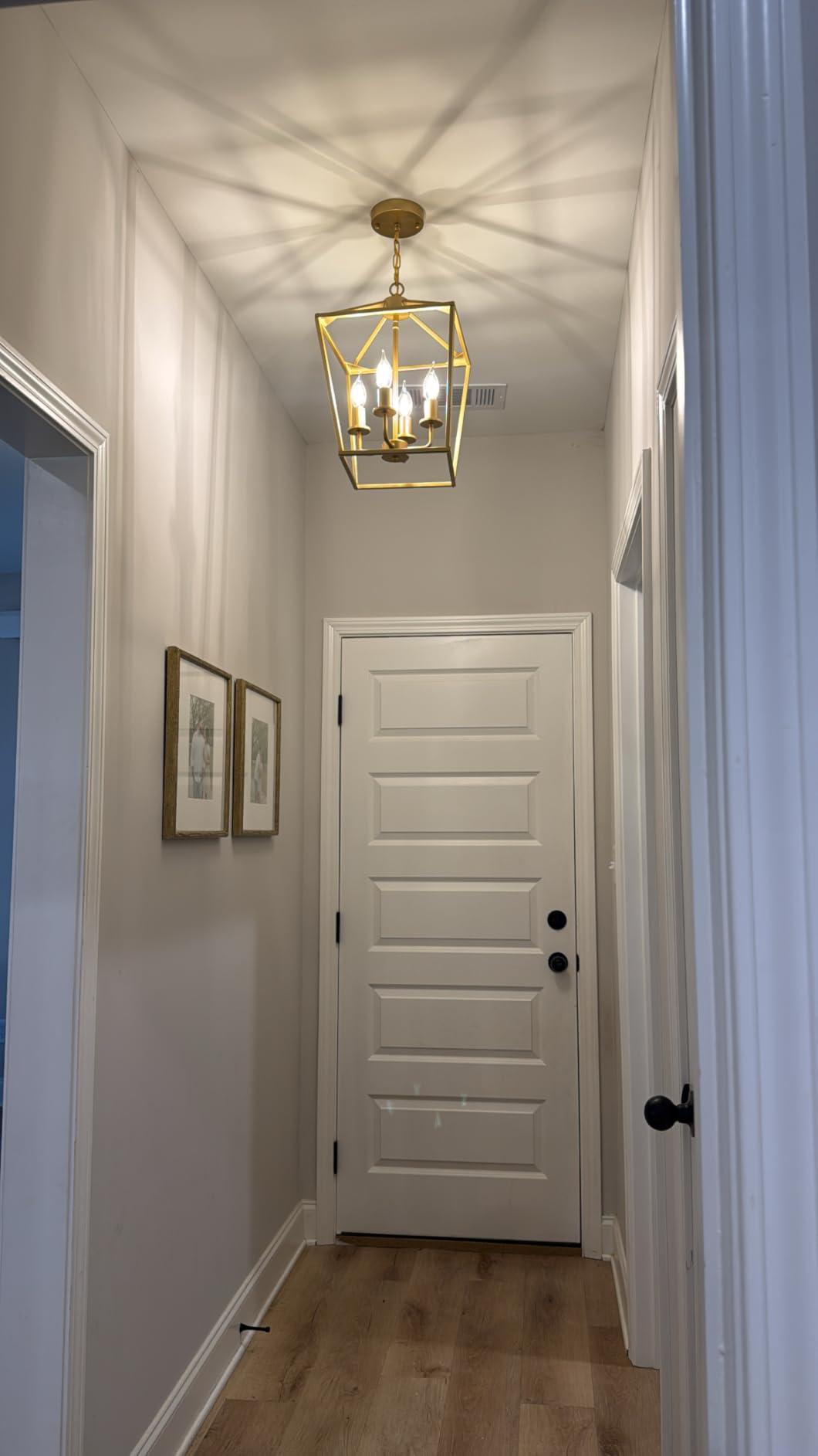 Industrial 4 Lights Chandelier, Gold Lantern Ceiling Light Fixtures with Rustic Metal Cage Adjustable Height Farmhouse Geometric Hanging Light for Kitchen Island, Dining Room, Entryway, UL Listed customer photo 2
