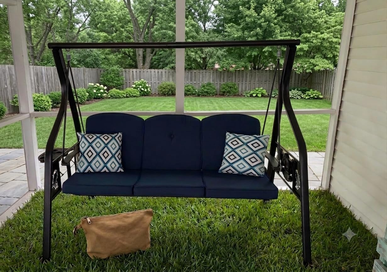 ZZW 3-Seat Outdoor Porch Swing with Stand, Patio Swing with Canopy, 2 in 1 Porch Swing Bed & Patio Swing Chair for Adult, Yard Swing w/Extra Pillows and Cup Holder (Blue) customer photo 2