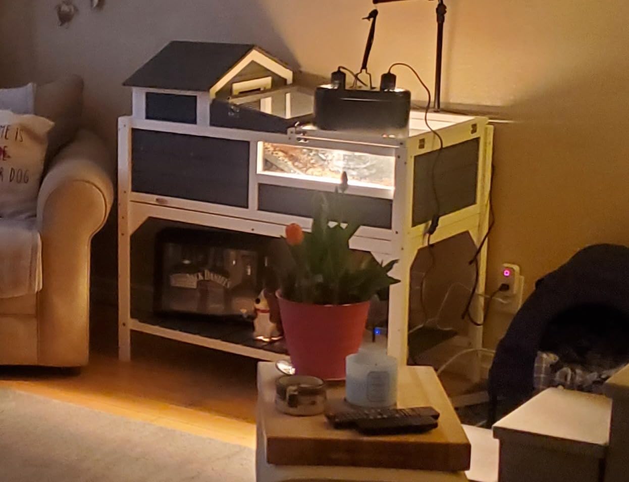 PawHut Tortoise Habitat with Adjustable Lamp Holder, 2 Layer Tortoise Enclosure with Storage Shelf, Removable Main House, Fixed Tray, Openable Lid, Gray customer photo 1