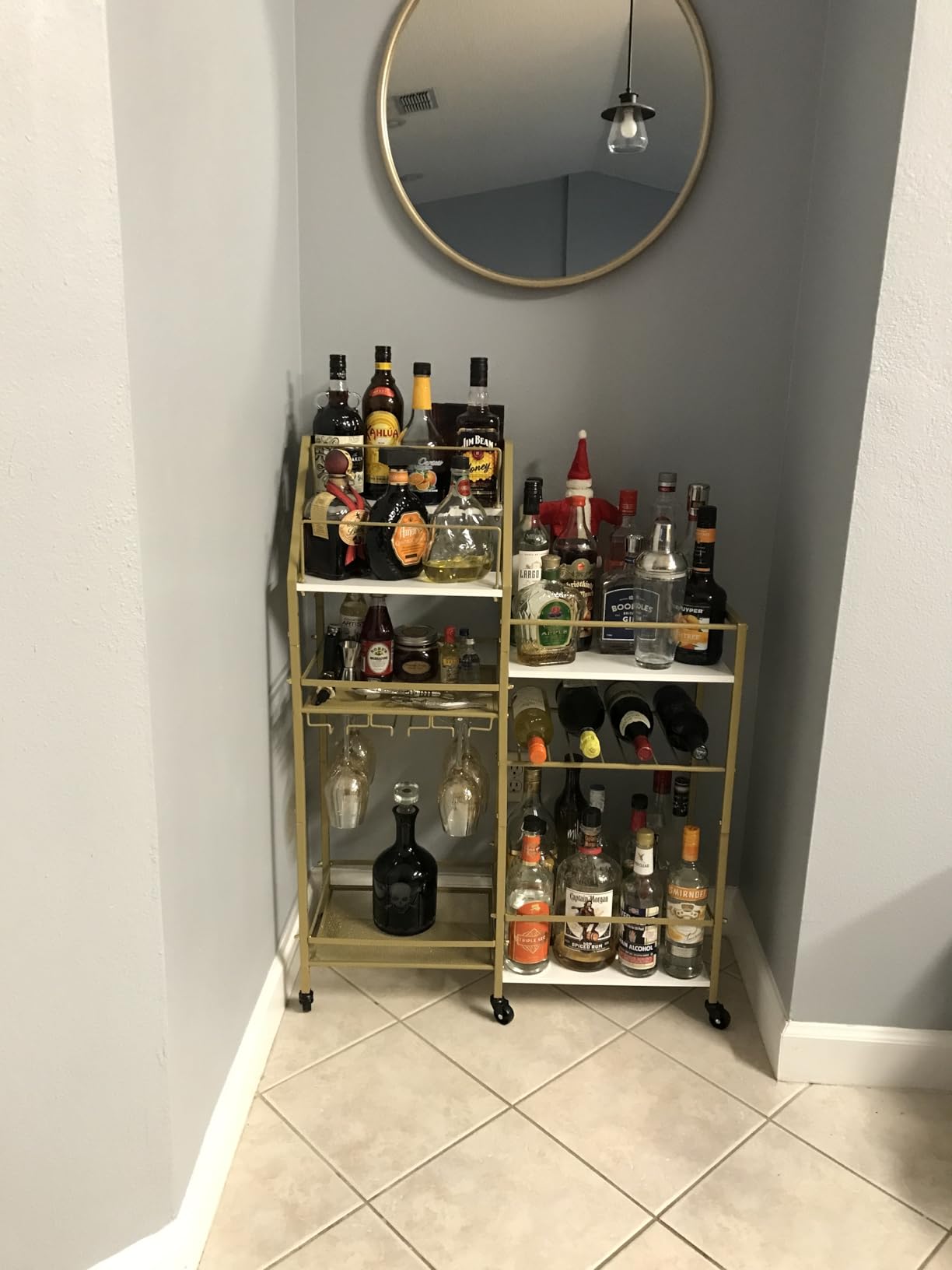VINAEMO Rolling Bar Cart with Wine Glass Holder, Bar Carts for The Home, Bar Stand for Home, Small Mini Bar for Whiskey Wine, Liquor Cart for Home Bar, Alcohol Cabinet for Bar, Kitchen, Dining Room customer photo 2