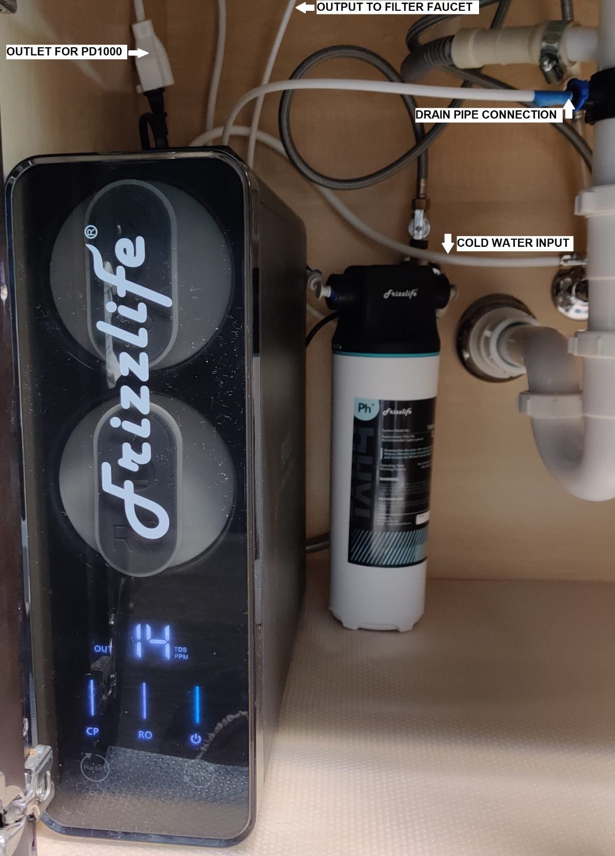 Frizzlife 1200GPD Reverse Osmosis Water Filter, NSF/ANSI 42&58&372 Standards, 11-Stage Tankless RO Water Filtration System, Under Sink, 3:1 Pure to Drain, Smart Faucet, Reduce PFAS, BPA Free, PD1200 customer photo 1