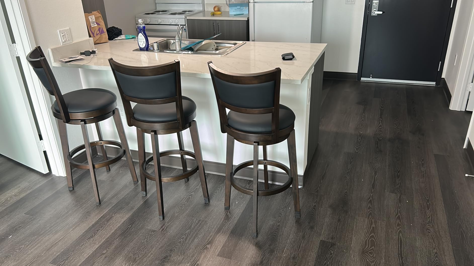 PrimeZone Swivel Bar Stools Set of 2, 24 Inch Counter Height Barstools | Black Faux Leather, High Backrest, Solid Rubberwood Frame, Wrap-around Footrest, Counter Stools for Kitchen Island, Pub customer photo 2