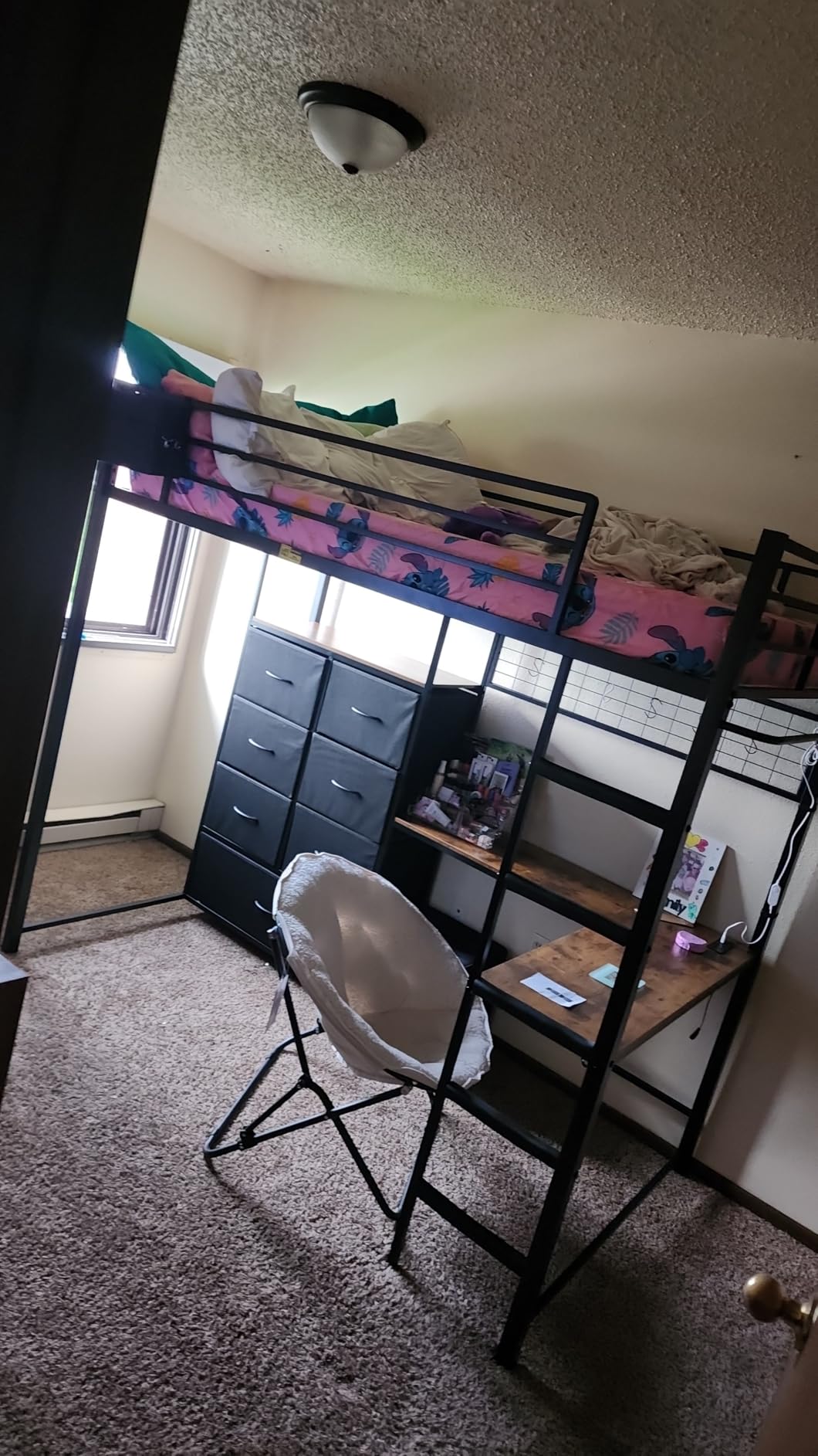 DICTAC Twin Loft Bed with L-Shaped Desk and 7 Storage Drawers,Metal Twin Size Loft Bed for Kids with LED Lights and Charging Station,13.11