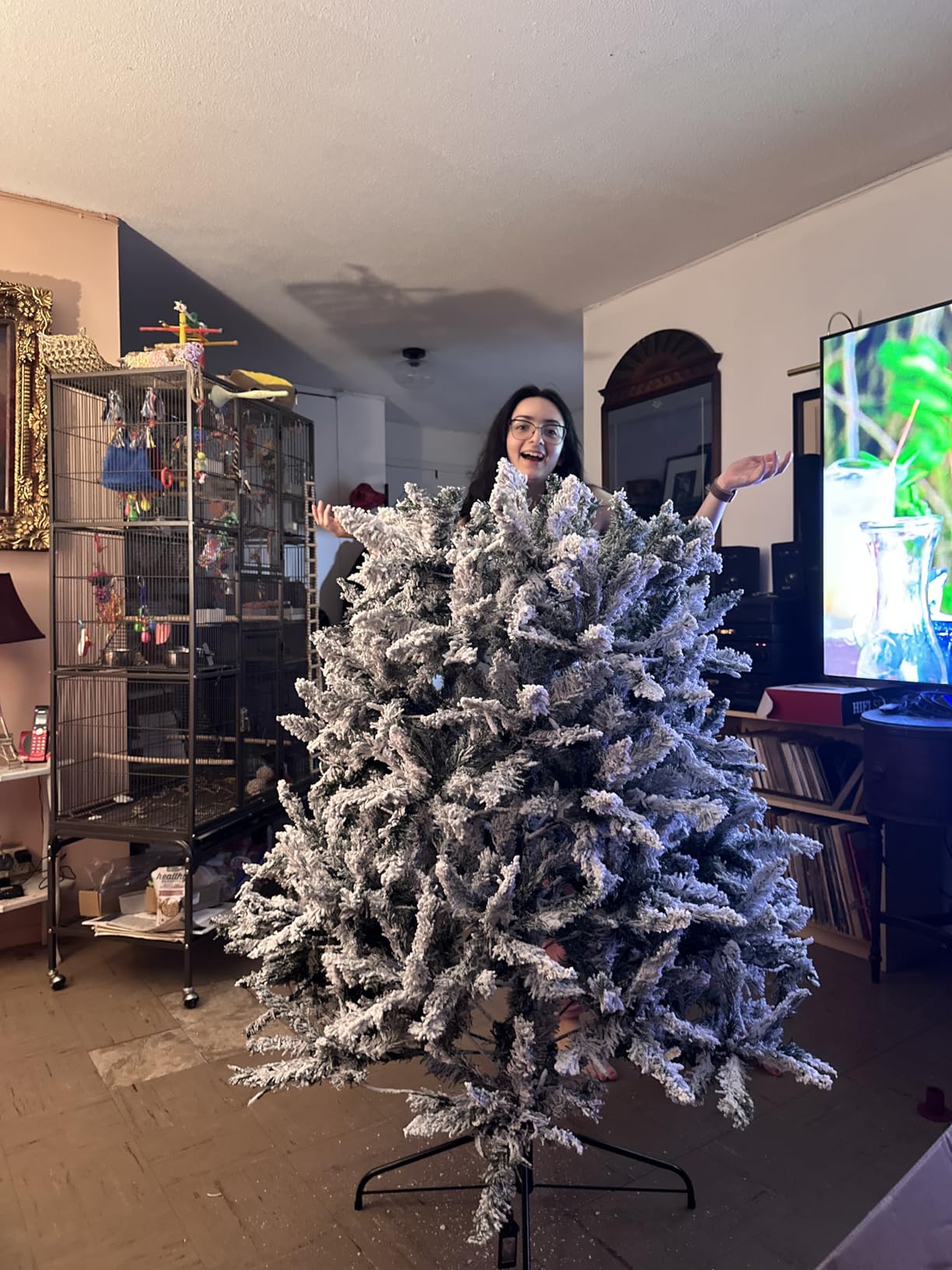 7.5 FT Pre-lit Snow Flocked Christmas Tree Spruce with Remote Control, 350 Warm White Multi-Color Changing LED Lights, Artificial Hinged/Feel Real/Realistic for Home, Dual Color LED customer photo 2