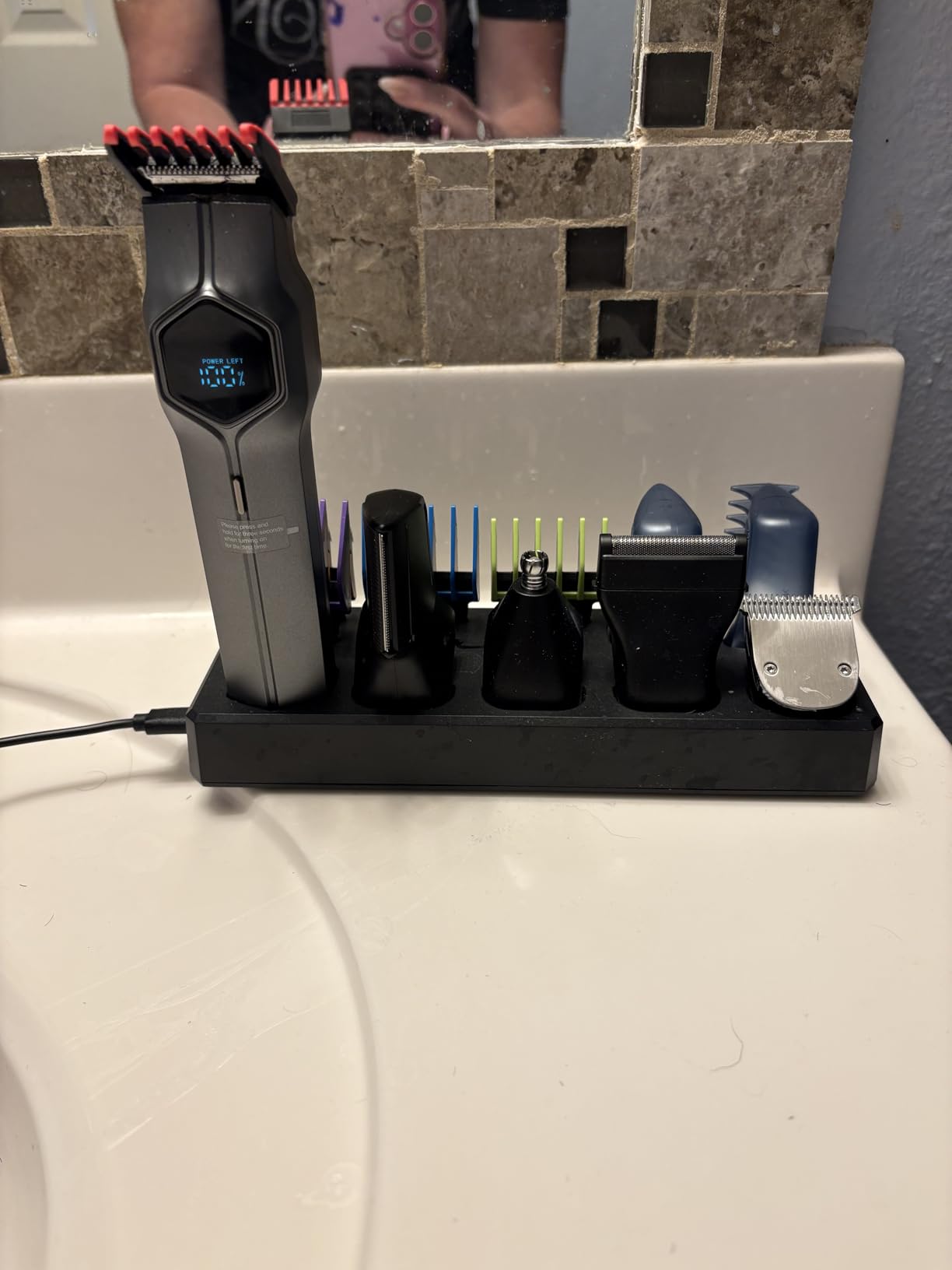 Beard Trimmer for Men, Magnetic Snap-on Replacement Heads, Gray, Charging dock, IPX7 waterproof, 180-min runtime, color-coded combs, nose-ear-body grooming customer photo 2