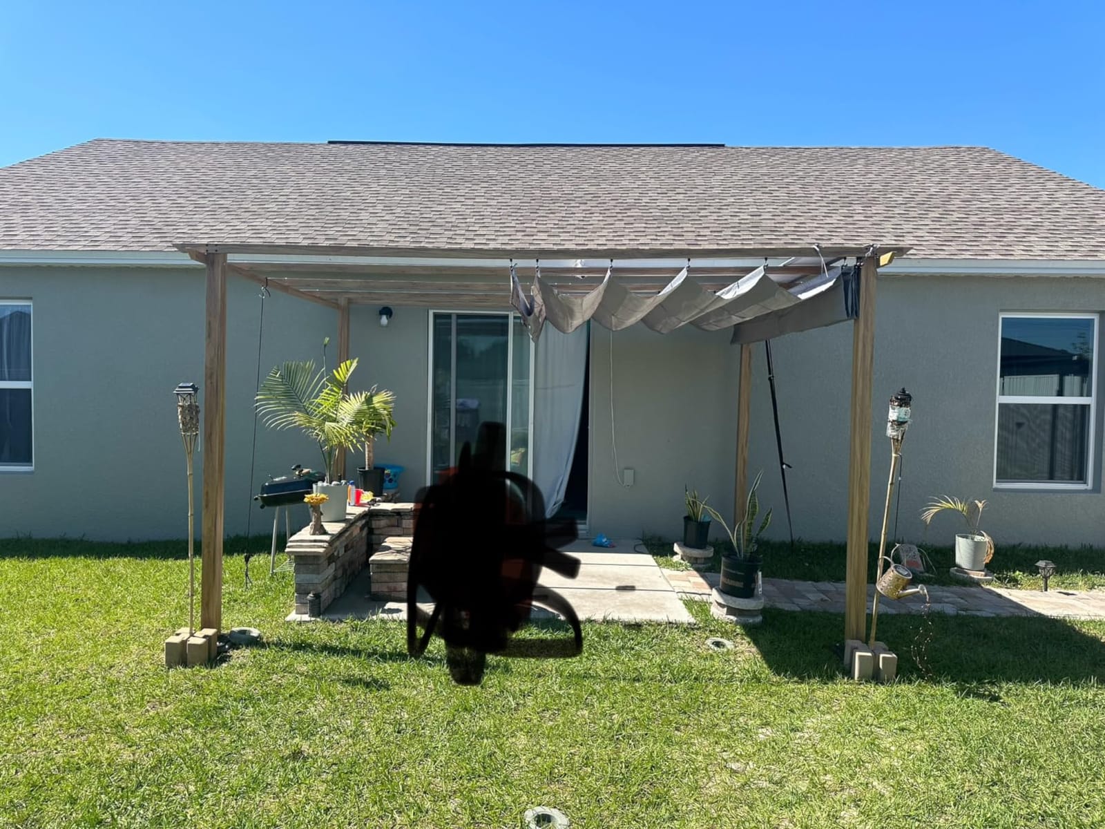 HAPPATIO 10' X 13' Wood-Grain Retractable Pergola with Sun Shade Canopy, Patio Aluminum Frame Shelter for Backyards, Gardens, Porch, Includes Ground Studs and Expansion Screws (Beige) customer photo 2