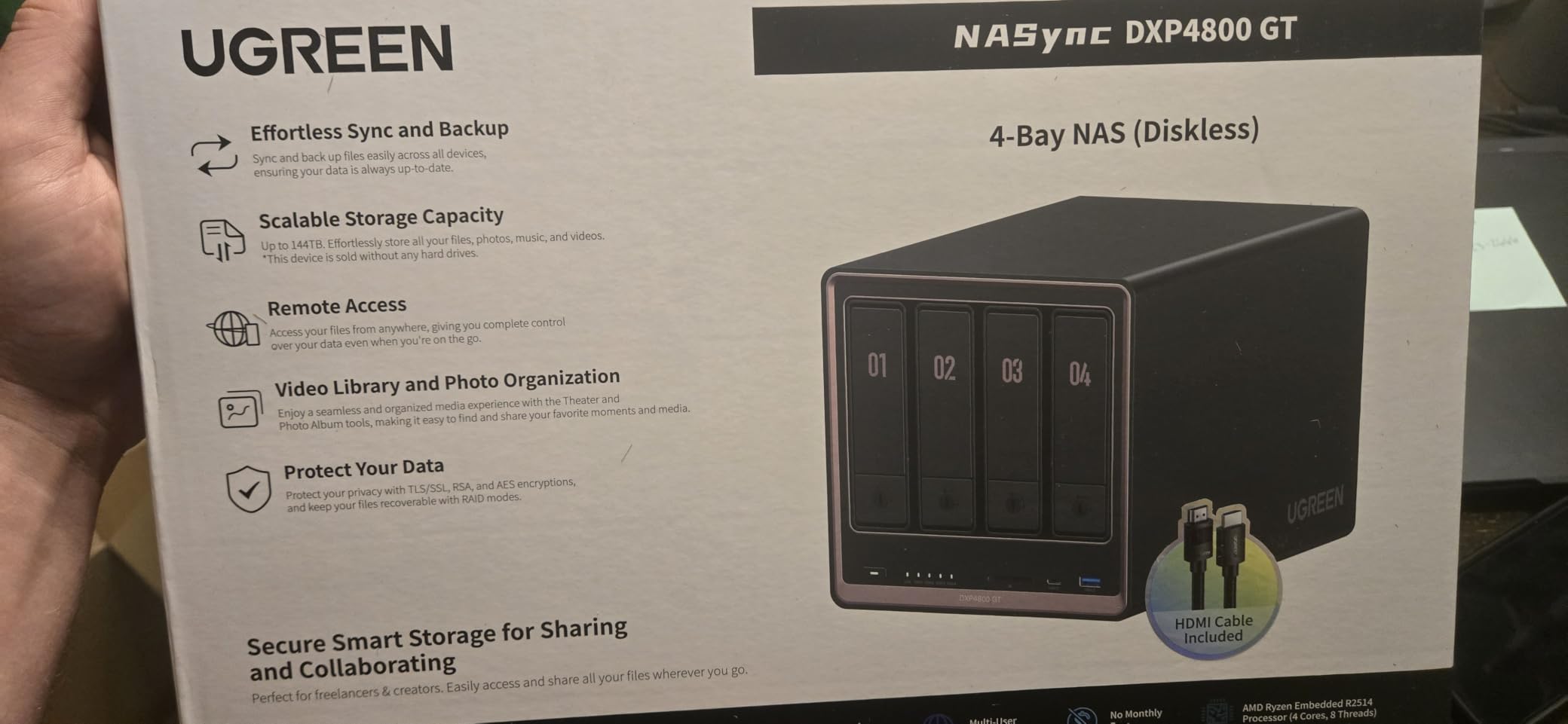 UGREEN NAS DXP4800 GT 4-Bay for Creators, Tech Enthusiasts and Office Teams | Smart Home Data Hub, Direct NAS Editing & Dual 10GbE Transfers, Ryzen R2514, 8GB DDR4, 2x 10GbE, 2x M.2 NVMe Slots, Diskless customer photo 2