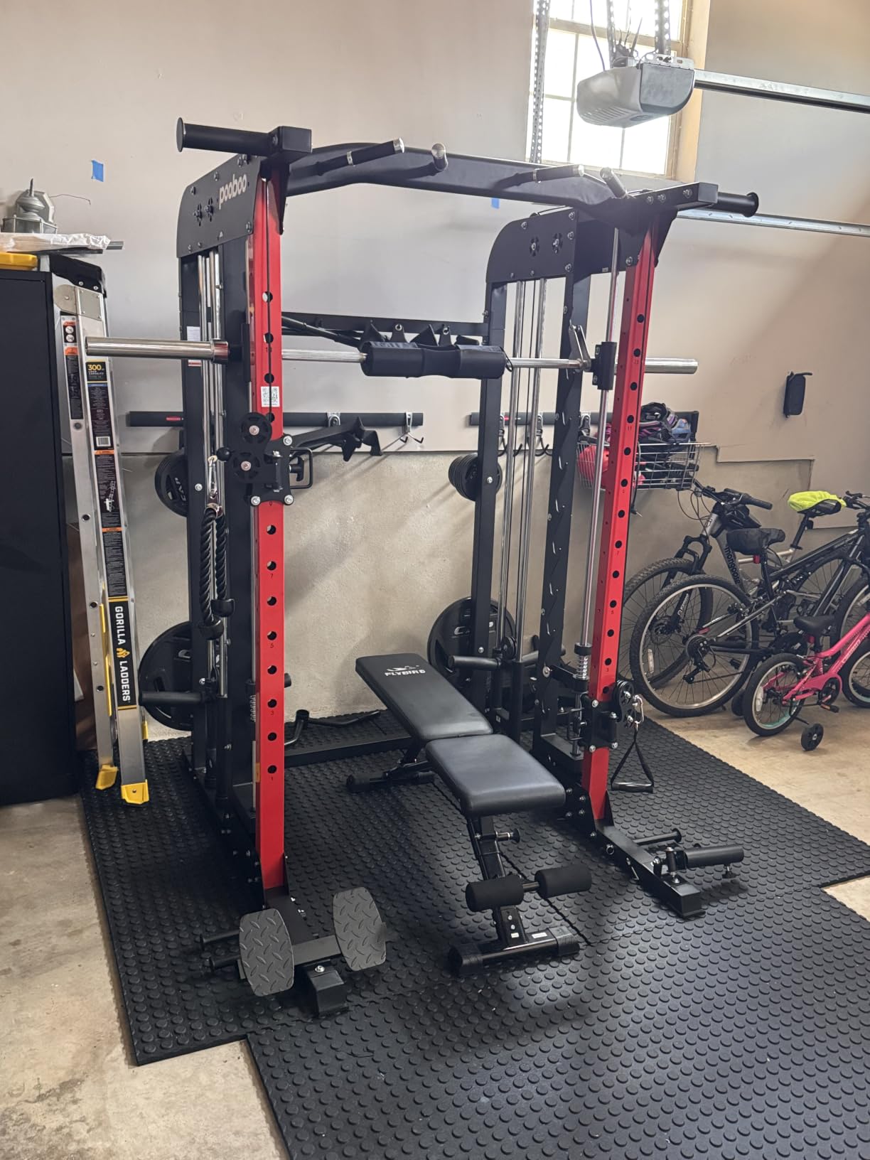 pooboo Power Cage Smith Machine with 2000LB Squat Rack Cable System | LAT Pulldown and Dual Pulley Cable Crossover All-in-One Home Gym Machine customer photo 1